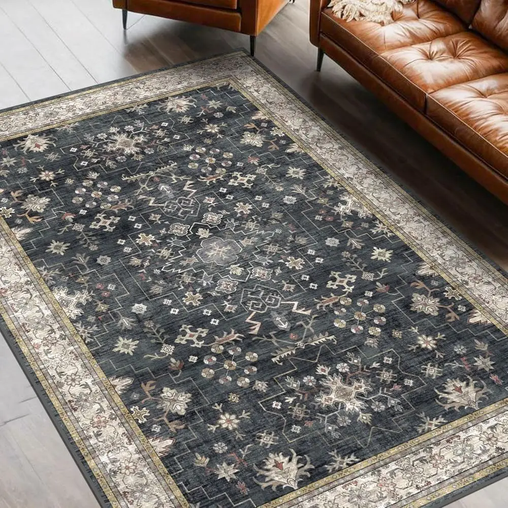 

5x7 Dark Vintage Boho Rug, Washable Low Pile for Living Room, Bedroom, Dining, Office, Indoor Decor