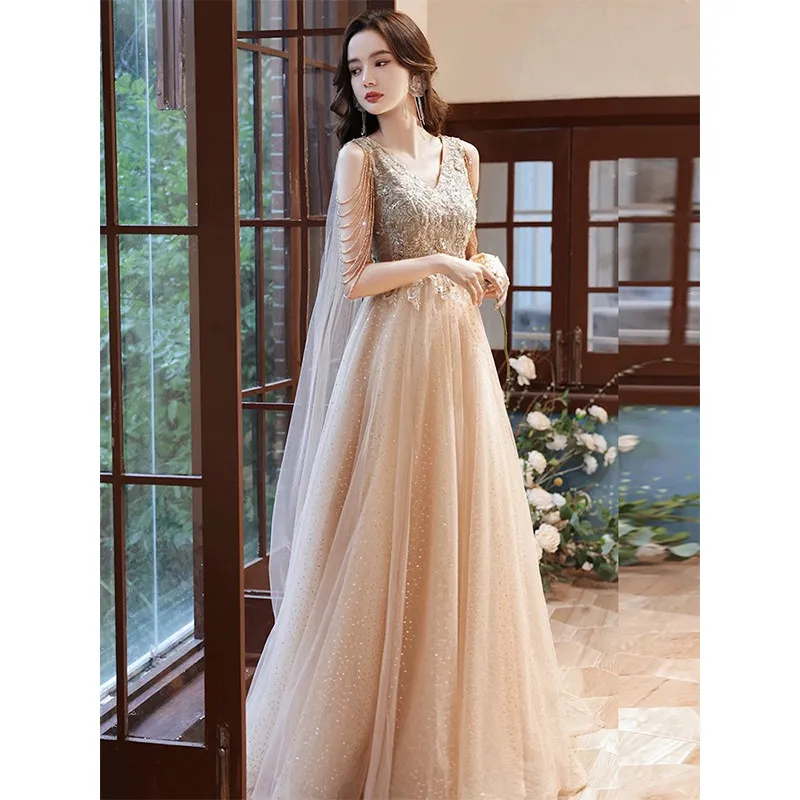 

Women Maxi Dress Champagne Tassel Qipao Appliques Cheongsam Sequins Ball Gown Vestidos Celebrity Banquet Dress Robe De Soiree