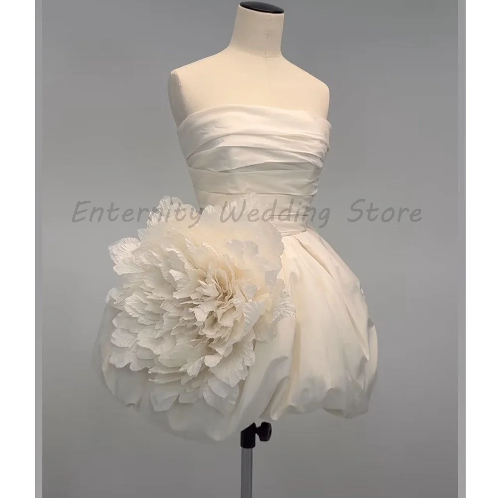 

Ivory White Strapless Short Wedding Dress Ruched Bodice 3D Giant Flower Balloon Skirt Bridal Mini Gown