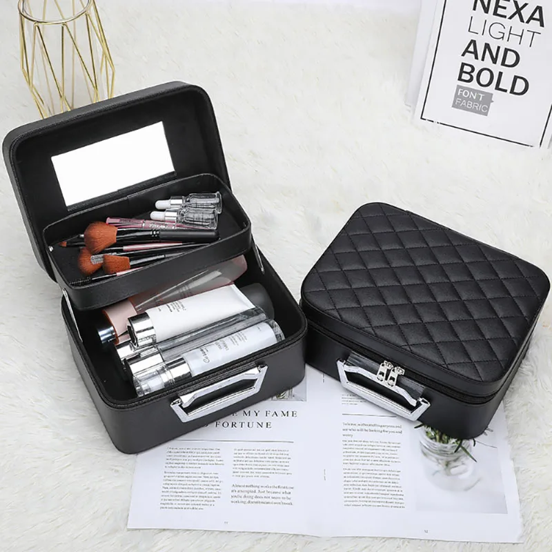 New Makeup Bag Portable Large Capacity Texture Small Square Bag PU Leather Simple Fashion Travel Cosmetics Storage Box Solid Pop