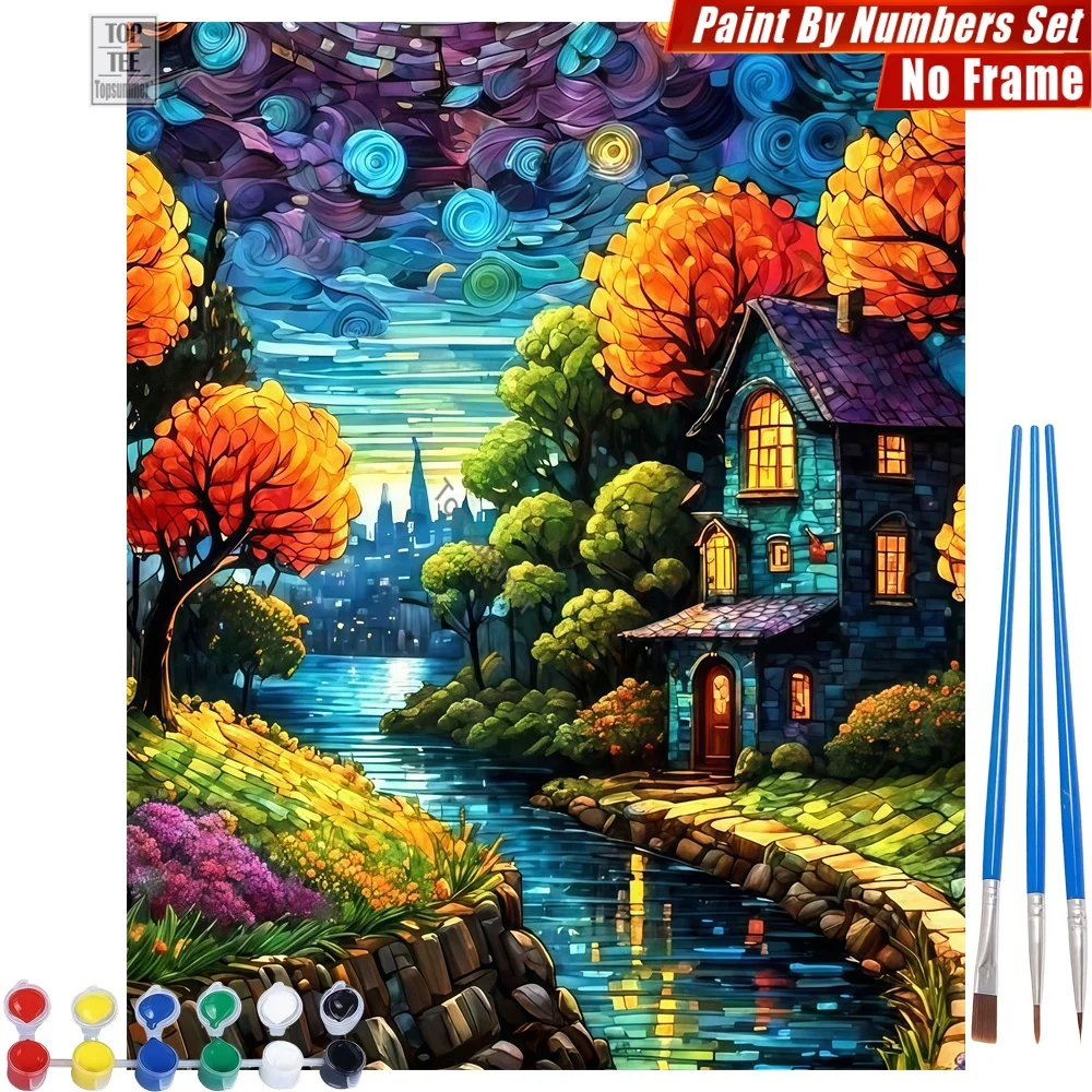 Set de Pinturas al Óleo Digitales DIY Cabaña de Cuento de Hadas junto al Río - Cabaña de Cuento de Hadas de Calidad Soñadora, Tiempo en Familia, Regalo del Día de la Madre para Esposa