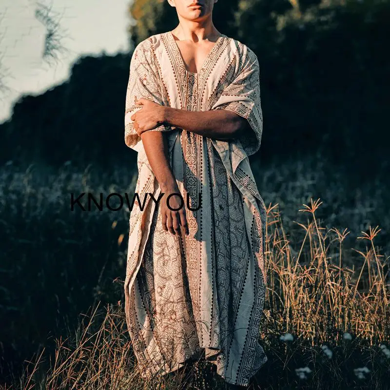 

Men Summer Beach Cloak Vintage Flower Print Coat Big Size Robe Male V-Neck Capes Short Sleeve Cover Up Loose Vacation Dresses