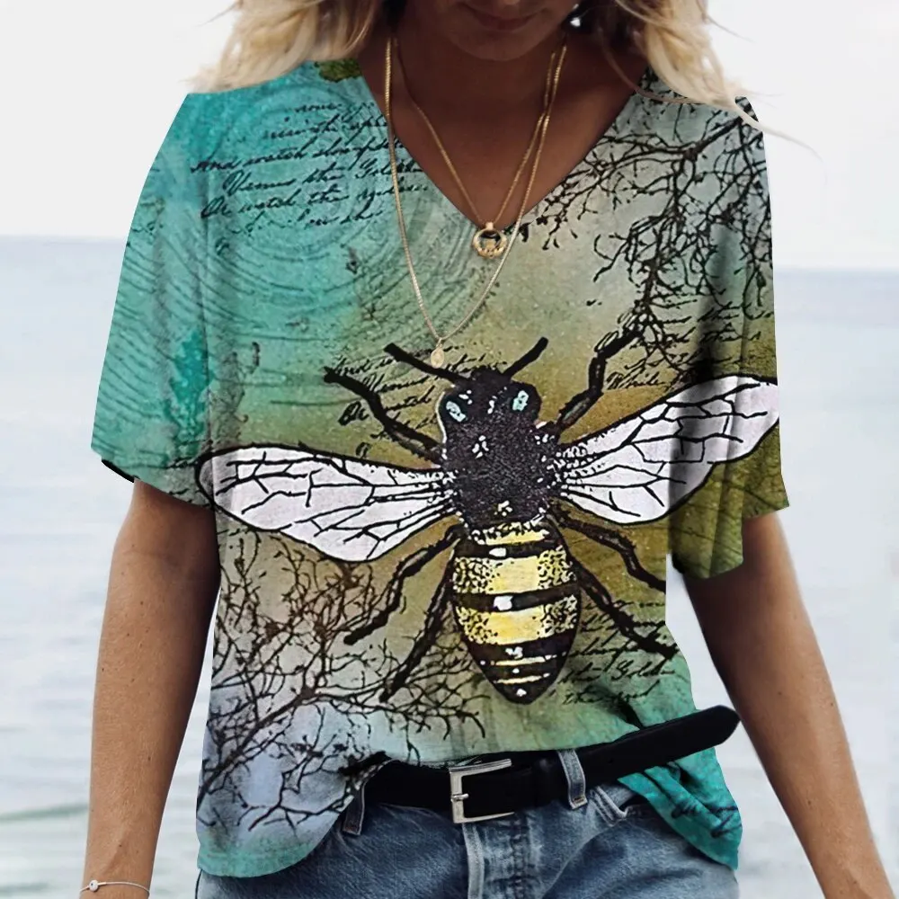 Summer Honey Bee 3D Print T-Shirts Women V-Neck Short Sleeve Sunflower T Shirt Y2K Tees Oversized Harajuku Tops Female Clothing