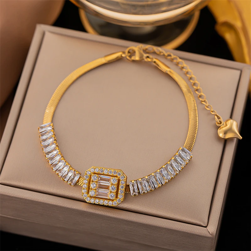 316L Stainless Steel New Fashion Fine Jewelry Dazzling Zircon Crystal Block Charm Chain Choker Necklaces Bracelets For Women