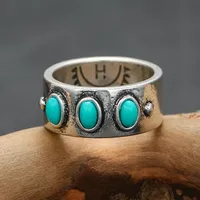 Retro Silver Color Vintage Turkish Finger Wide Face Ring Oval Blue Stone Ring for Women Indian Bride Wedding Party Jewelry Gift