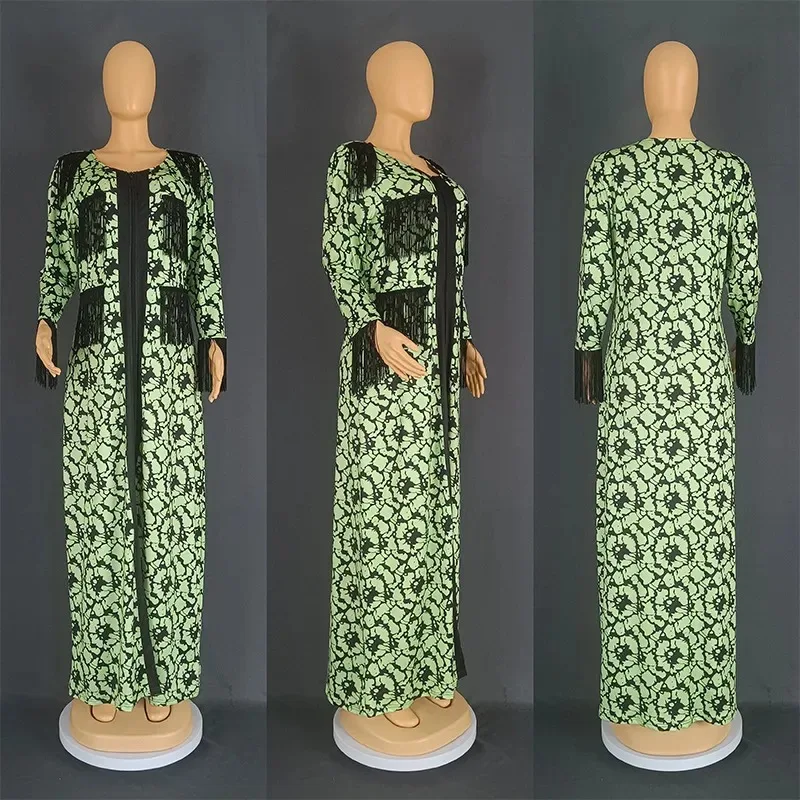 Sexy Print Maxi Dress African Christmas Long Dresses for Women 2023 New Plus Size Africa Clothing Tassel Sleeve Evening Robe