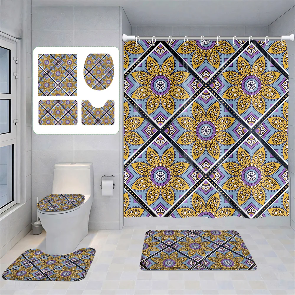 Bohemian-Style 4-Piece Bathroom Set: Shower Curtain, Toilet Cover & Rugs, Intricate Geometric & Floral Patterns, Vivid Colors