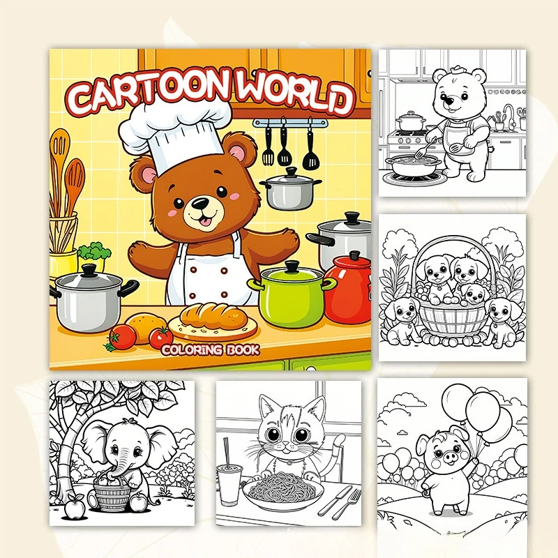 Cartoon World Coloring Book Cute Chef Bear Kitchen Food Cartoon Stress Relief Drawing Book