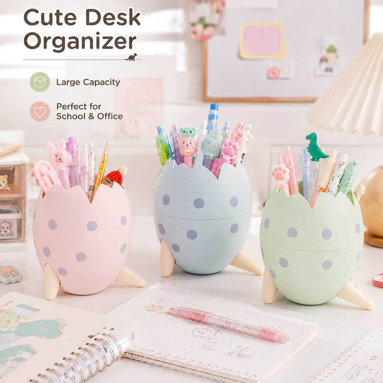 Cute Dinosaur Egg Pencil Case, Creative Desk Organizer, Large Capacity Stationery Storage for Office and School