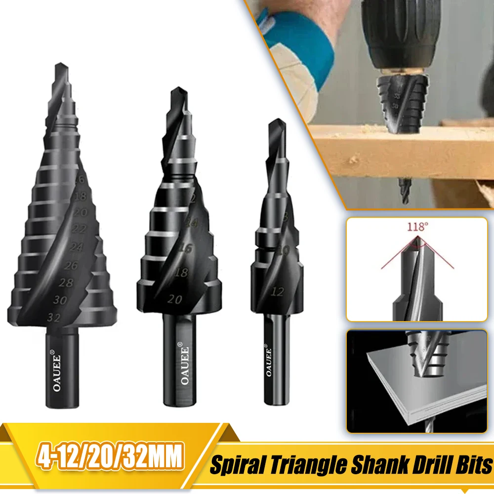 HSS Cobalt Step Cone Drills Bit 3-12mm 4-12mm 4-20mm High Speed Steel Nitrogen Spiral Triangle Shank Drill Set for Metal Sets