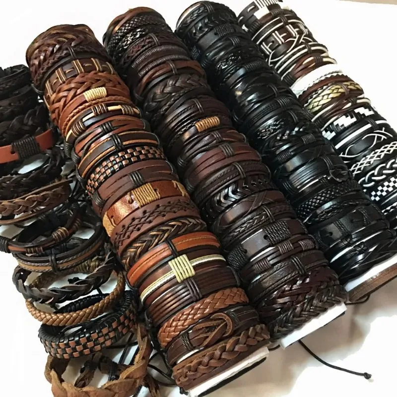 

10pcs Bulk Vintage Leather Charm Bracelets For Men Women Mix Styles Adjustable Bangle Fashion Jewelry In Wholesale