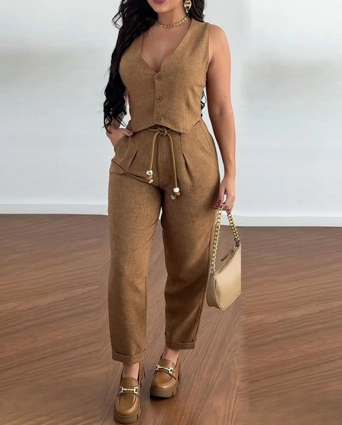 Sexy Elegant V-Neck Buttoned Vest Top Pocket Design Tied Detail Pants Set Womens Two Piece Sets New Fashion 2024 Summer Casual