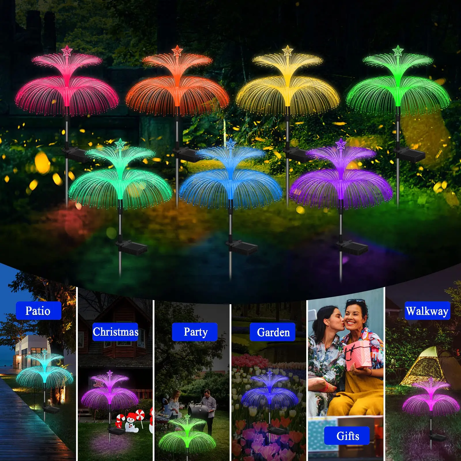 1/4Pack Solar Garden Light New Upgraded Solar Lights Outdoor Waterproof 7 Color Changing Double Jellyfish and Star Flower Lights