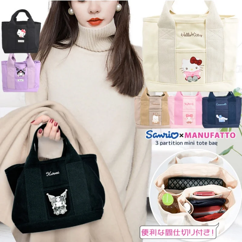 Sanrios Anime Kawaii My Melody Multi Pocket Commuting Tote Bag Kuromi Hellokittys Canvas Eco Friendly Printed Cartoon Handbag