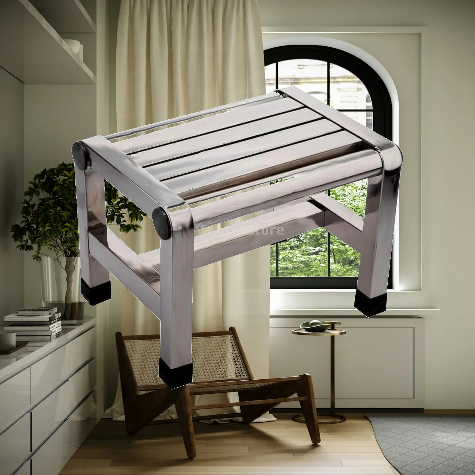 Waterproof Bathroom Seat Metal Stool with Slatted Top and Four Straight Legs for Kitchen Waiting Areas Compact