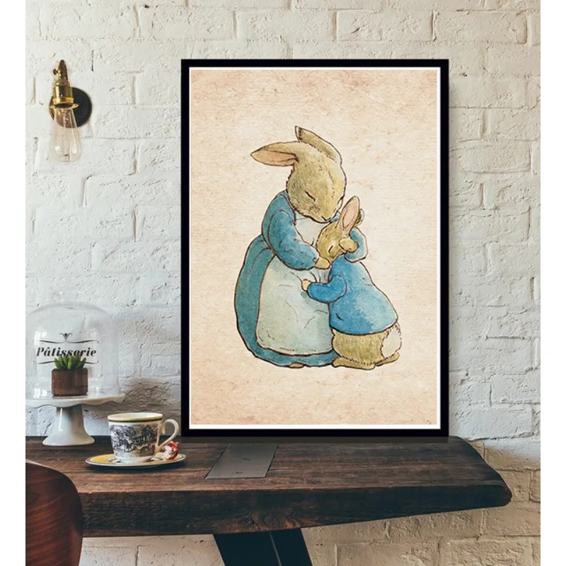 Beatrix Potter Character Illustration Poster Cartoon Cute Animal Rabbits Canvas Painting for Nursery Room Home Decor Gift