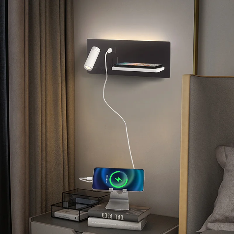 Wireless Charging Bedside Wall Lamp USB TypeC Port Rotatable LED Reading Light Switch Sconce Study Bedroom Wall Spotlight