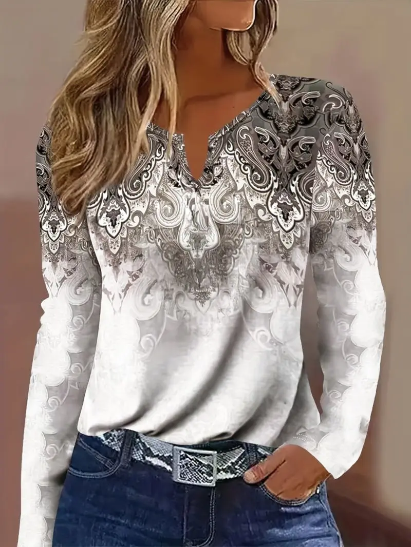 Small V-notch collar long sleeved women's loose casual fit comfortable daily pullover T-shirt