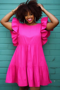 Femmes manches à volants grande taille Mini robe sans manches col rond solide plissé a-ligne Sexy décontracté Vintage élégant robes d'été