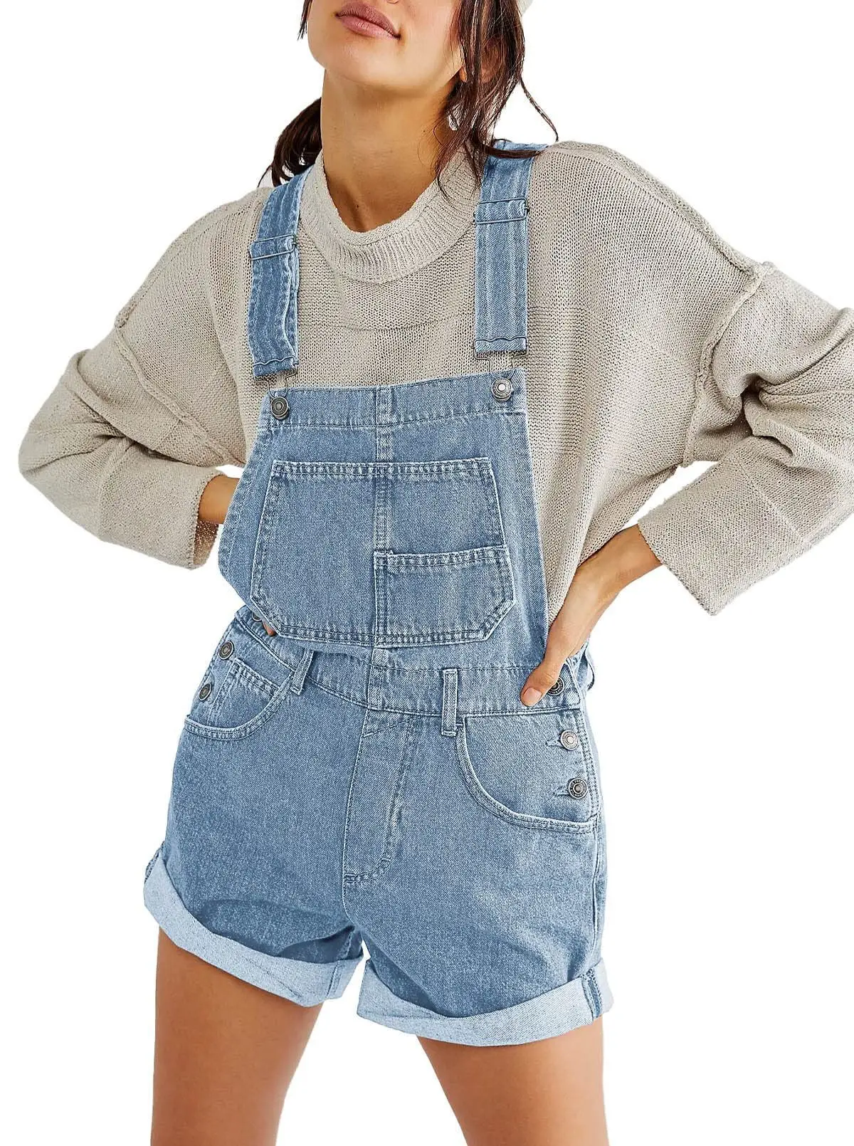 

Women Playsuits Overalls Washing Denim Rompers One Piece Solid Shorts Pockets Spliced High Street Backless Loose Button