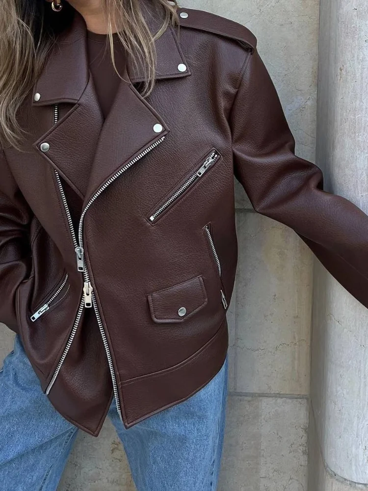 Vintage Lapel Leather Jacket Women Solid Loose Long Sleeve Zippers Pockets Coat 2024 Autumn Lady Locomotive High Street Outwears