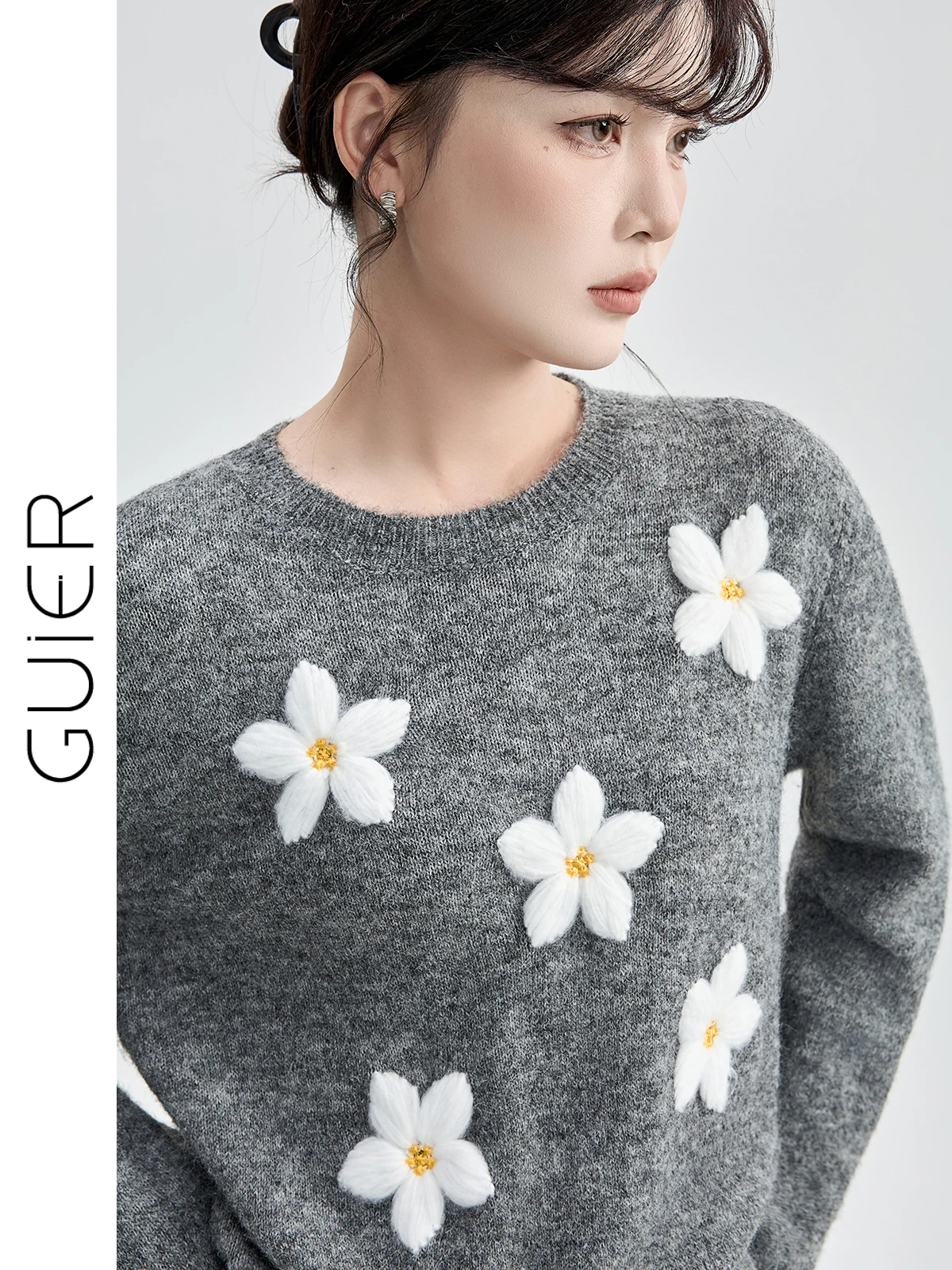 

Женский вязаный свитер Guier с круглым вырезом, повседневный, с цветочным узором, осенне-зимняя новинка, универсальный трикотажный топ