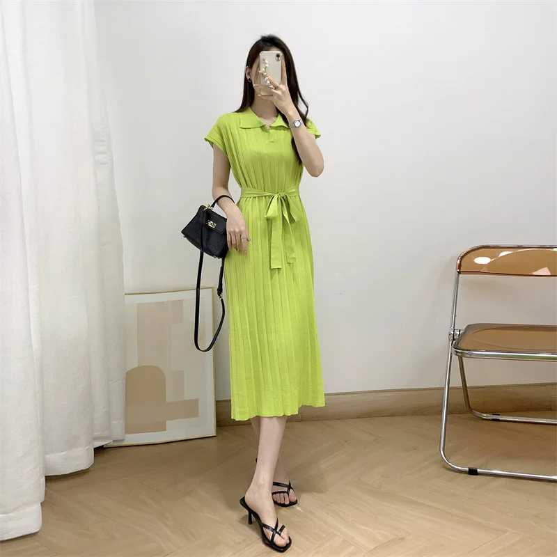 

2023 New Collar Knitted Short Sleeve Dress Women Summer Vintage Slimming Knee-Length Vertical Stripe Long Dress