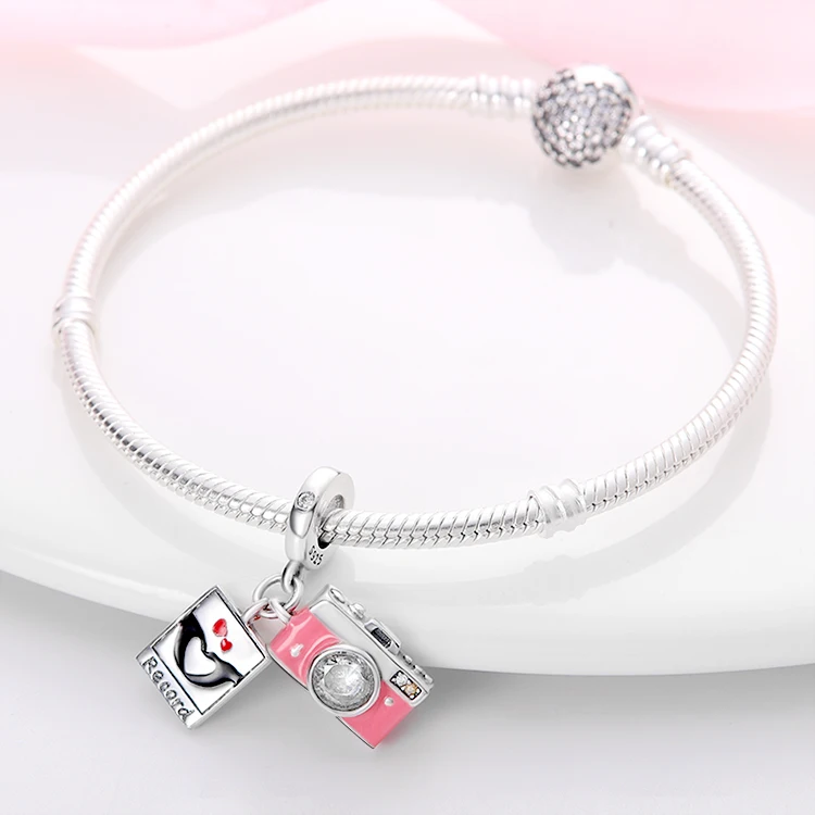 Charms Original 925 Sterling Silver Pink Camera Pendant Beads Fit Bracelet Diy Fine Gift Women Delicate Jewelry Accessory
