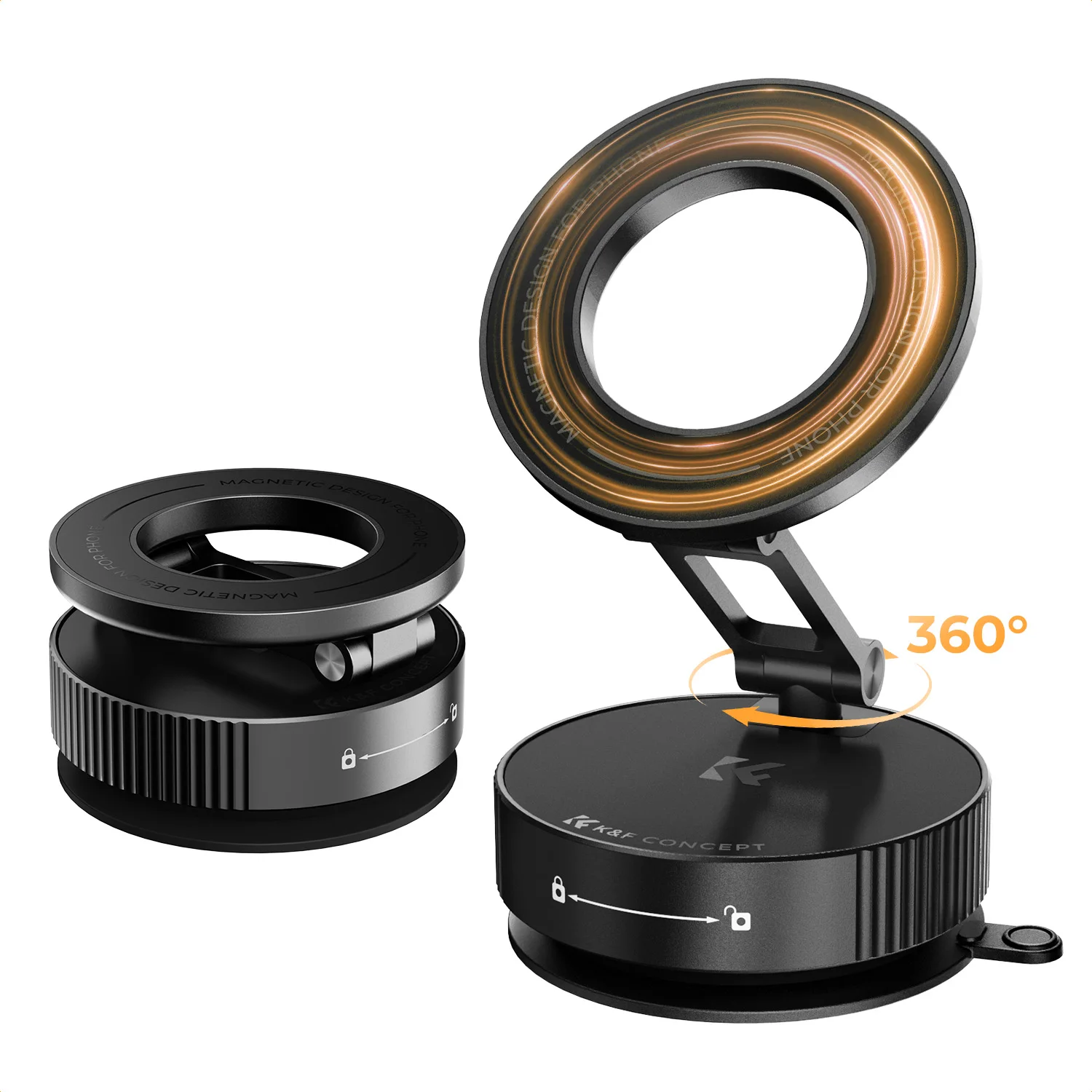 

K&F CONCEPT Магнитный держатель для телефона с присоской для гладких поверхностей – поворотный кронштейн на 360° для iPhone (совместим с MagSafe) и Android