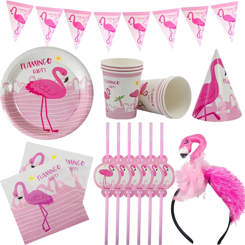 Pink Flamingo Party Decoration Hawaii Flamingo Girls Birthday Party Disposable Tableware Paper Plate Cup Straw Flamingo headband