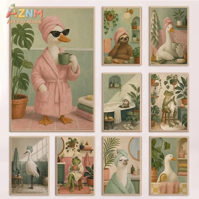 AZNM Frameless Canvas Wall Art, Cute Cartoon Animals In Bathrobe Spa Duck Sloth Frog Llama Crane Retro Green Pink Bathroom Humor