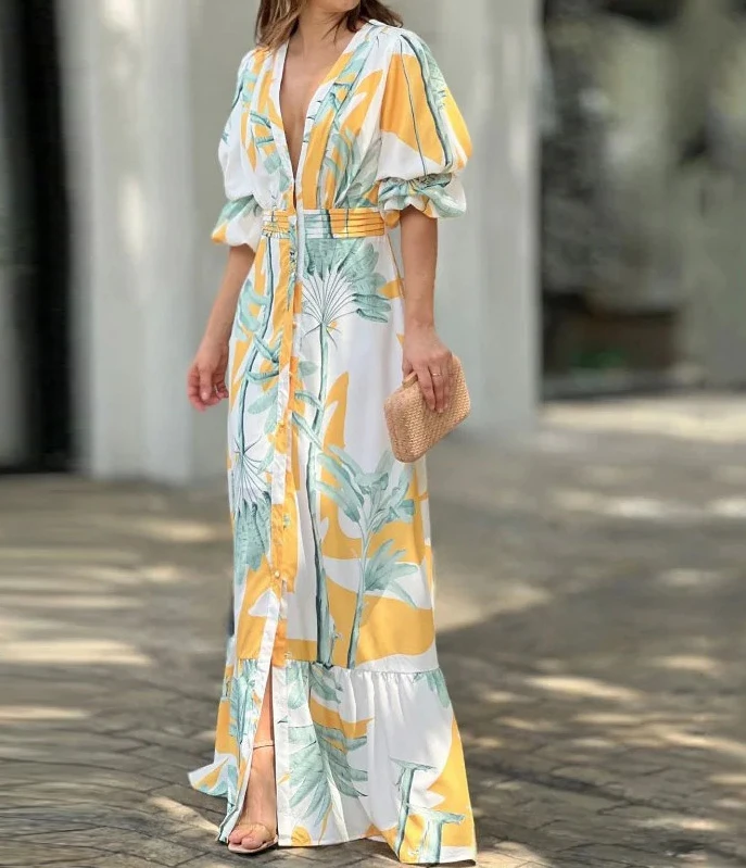 

Womens Dresses 2024 Summer Fashion Temperament Commuting Elegant V-neck Bubble Sleeve Printed Long Dress New Vestidos De Mujer