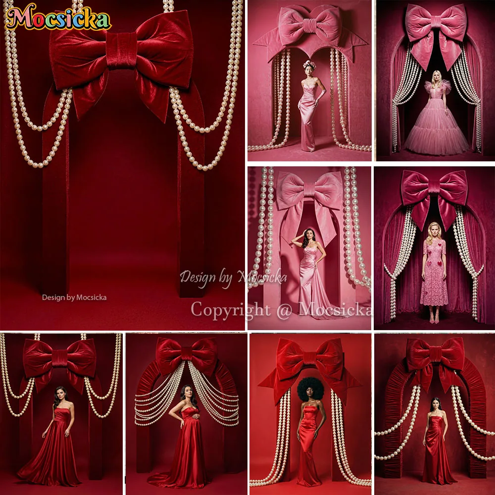 Mocsicka Red Pink Bow Curtain Pearl Background Adult Girl Wedding Birthday Photo Studio Backdrop Photography Baby Show Photozone