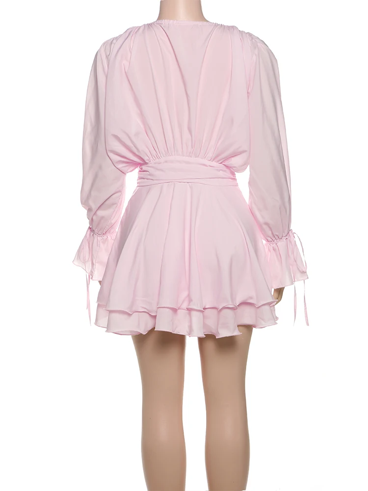 Cutenew Women's Mini Dress Solid Trend Stacked Ruffle Bandage Full Sleeve O-neck Appliques Ribbons Belt Bodycon Mujer Streetwear