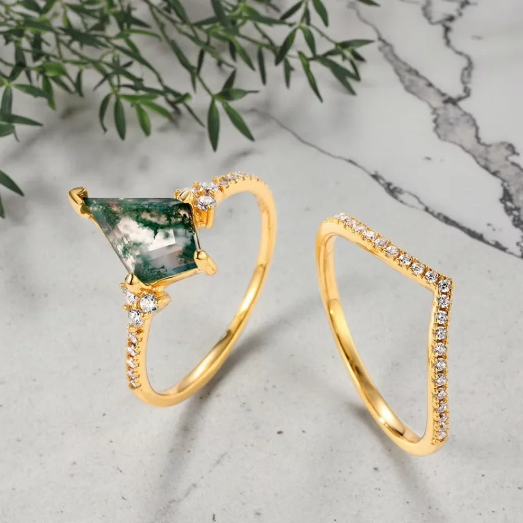 

Fashion Kite Cut Moss Agate Ring Sterling Silver Gold Plating Stacking Rings Accented Rings for Unisex Wedding Party