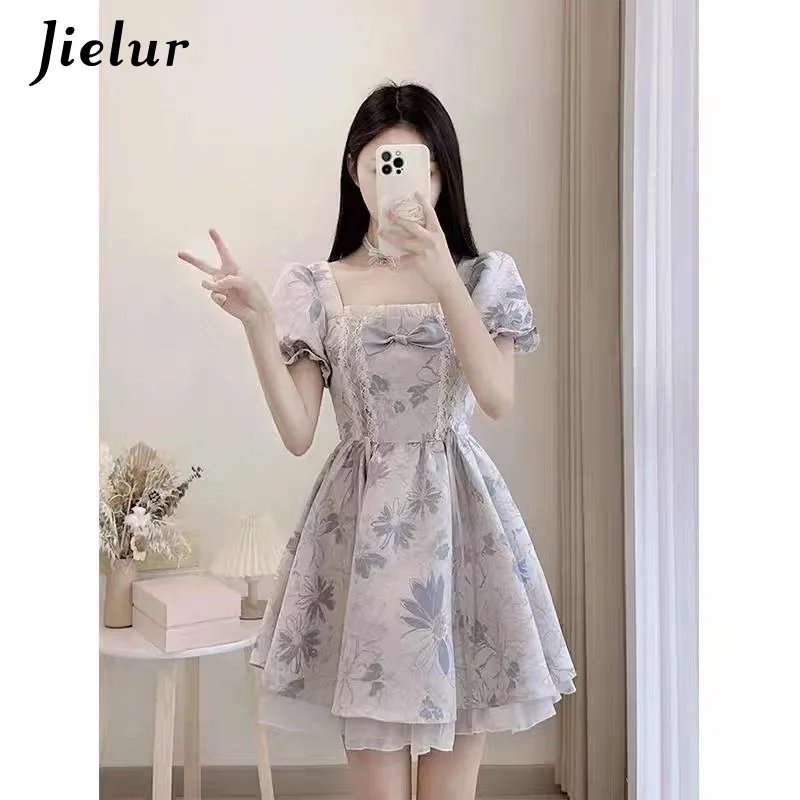 Jielur Summer Women's French Floral Bubble Sleeves Chiffon Dress New Fashion Waist Closing Women Square Neck Short Fluffy Dress