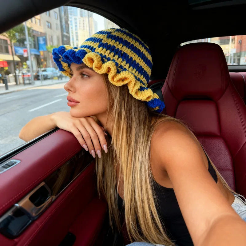 Striped ruffled crochet knitted hat, pleated wide-brimmed fisherman's hat, unisex, quirky and fashionable, pull-on style