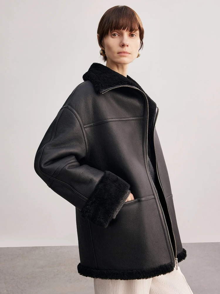 High-end Luxury Merino Sheep Fur Winter Motorcycle Jacket for Women 2025 Simple Classic Black Genuine Leather Real Lamb Fur Coat