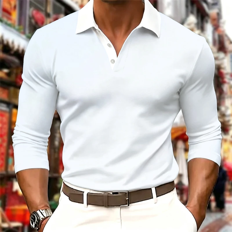 Men Contrast White Collar Long Sleeve Polo Shirt V Neck Button Dragonfly Dot Solid Purple Heart Tribal Horse Print Slim Fit