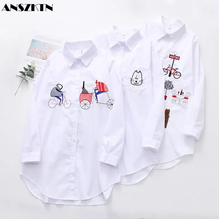 embroidered white shirt vintage BF long sleeved shirt medium length women