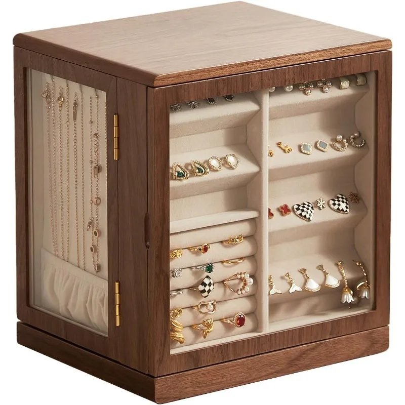 

Black Walnut Wooden Jewelry Box - 360° Rotating Jewelry Organizer for Women with 5 Drawers for Rings,Necklaces,Earrings and Brac