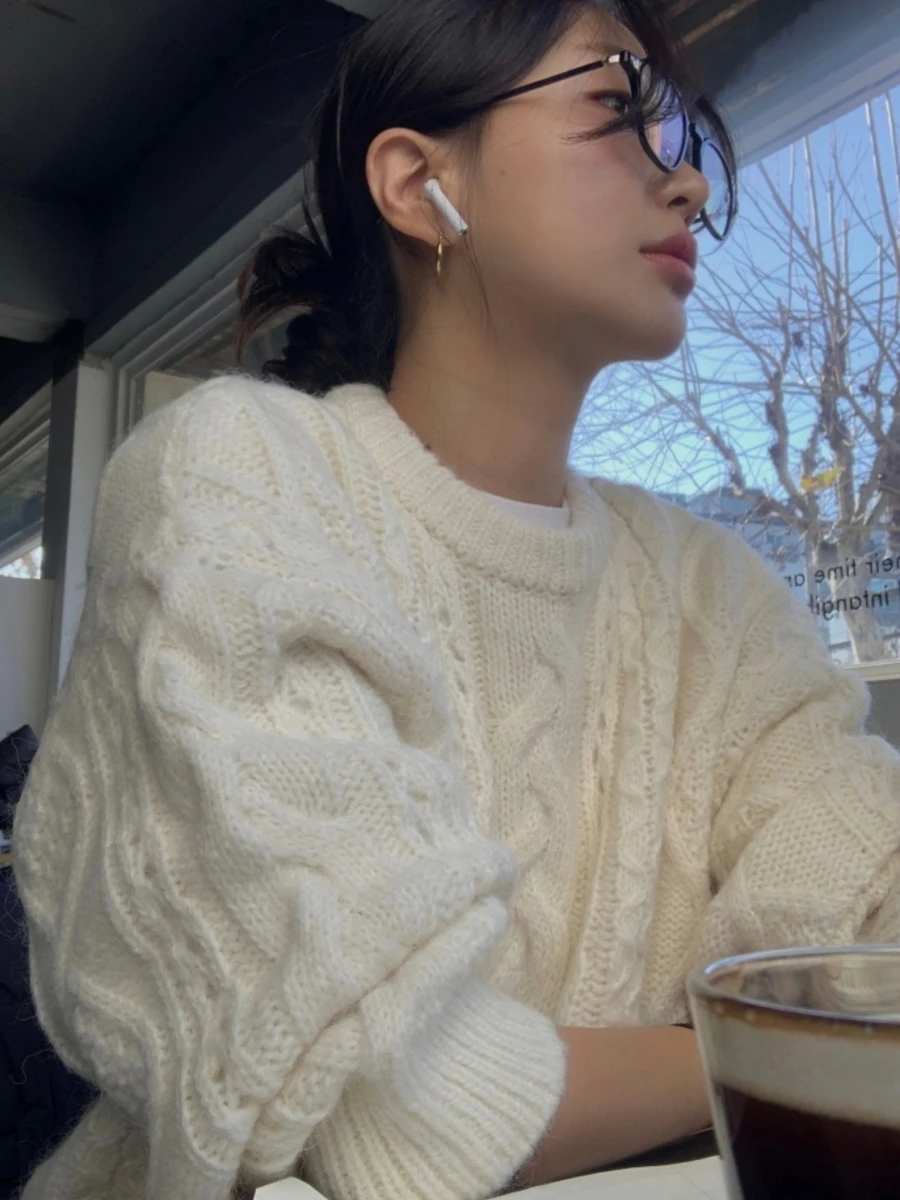 

Женский винтажный свободный вязаный свитер, осень-зима, мягкая облегающая верхняя одежда, круглый пуловер, милый трикотаж