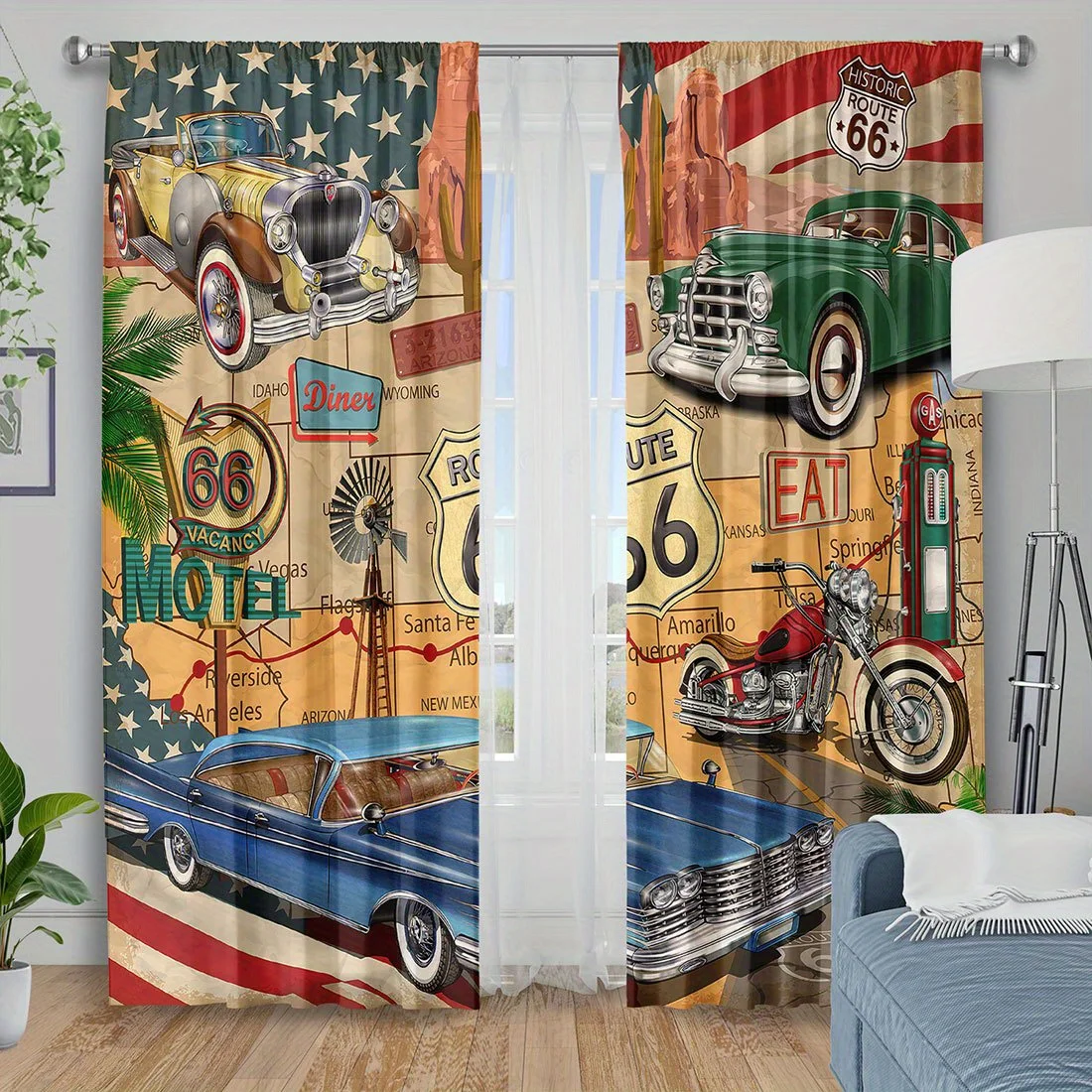 Vintage American Car Curtain, Retro Route 66 Theme Drape, Classic Automobile Print Window Treatment for Living Room Home Decor