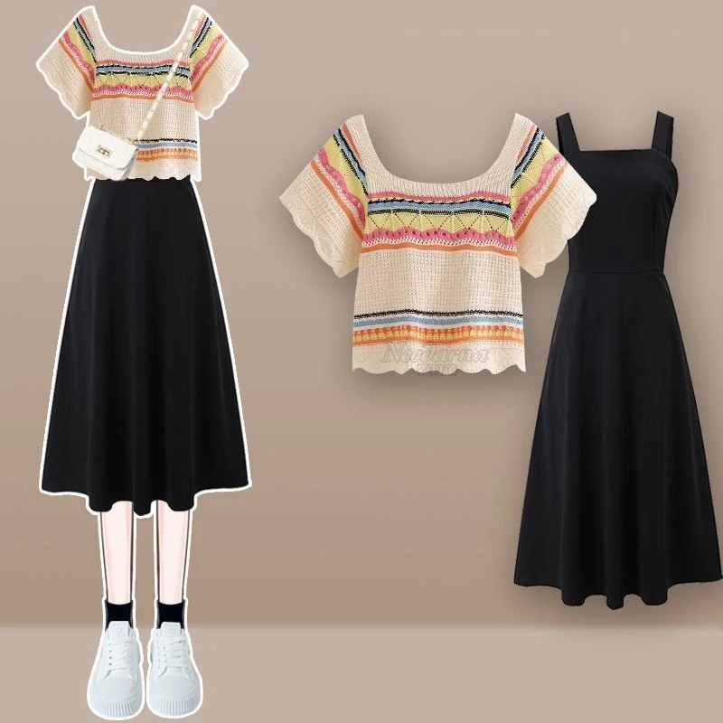 ผู้หญิงฤดูร้อน Chic Stripe สั้นเสื้อ T ชุดเดรสแขนกุด 1 หรือ 2 ชิ้นชุด 2025 Lady แฟชั่นบางถักเสื้อชุดชุด