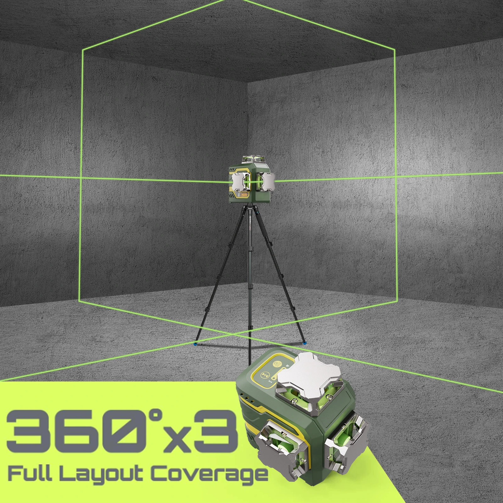 LG-3D Laser Self Leveling 3x360°Green Beam Cross Line Laser for Construction Picture Hanging Magnetic Liftable Stand Included