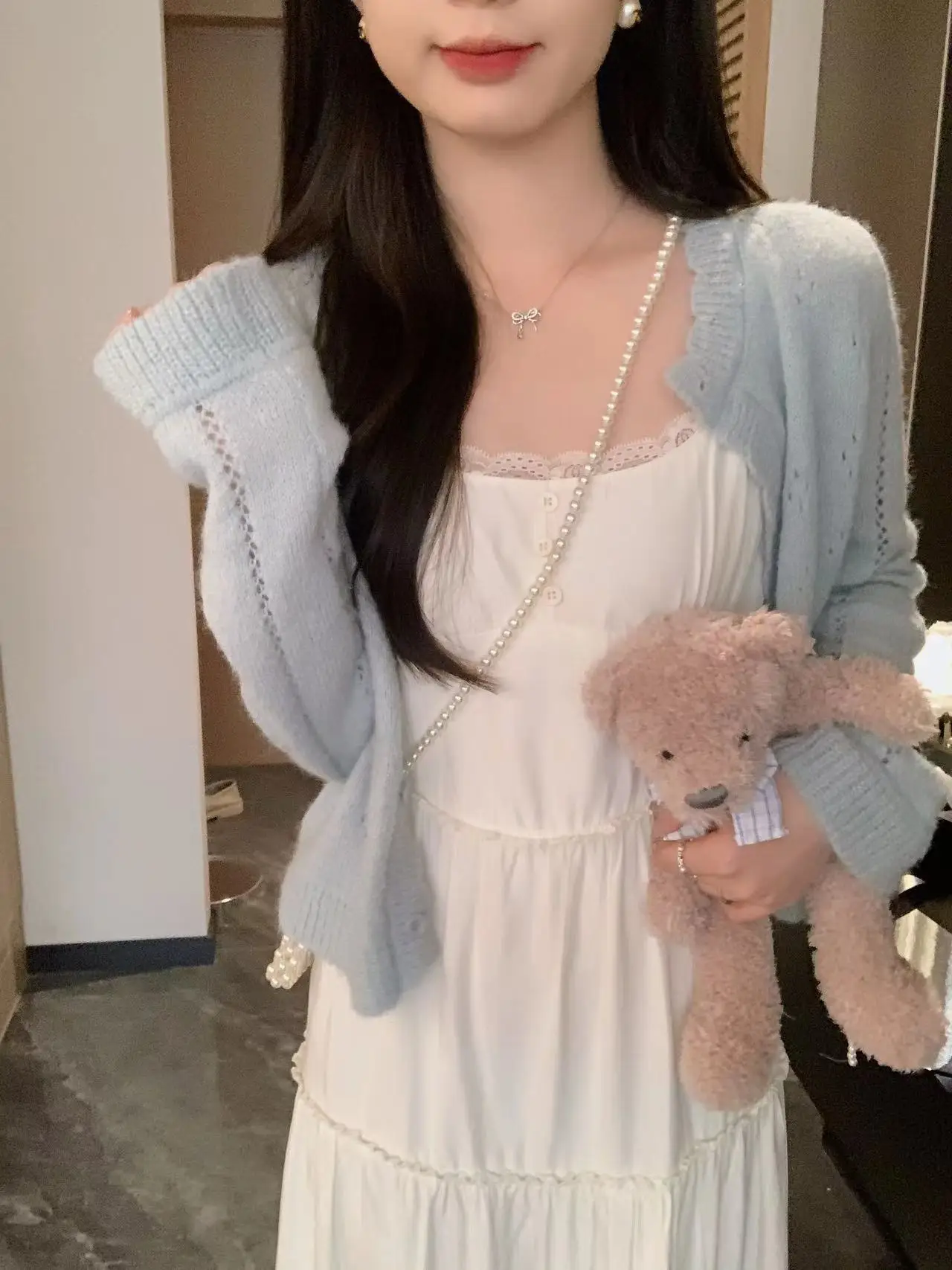 

Anli весна лето новый Sle Sweet Sle свободный крой вязаный свитер V-Ne ажурный крючком белый улучшающий открытый кардиган