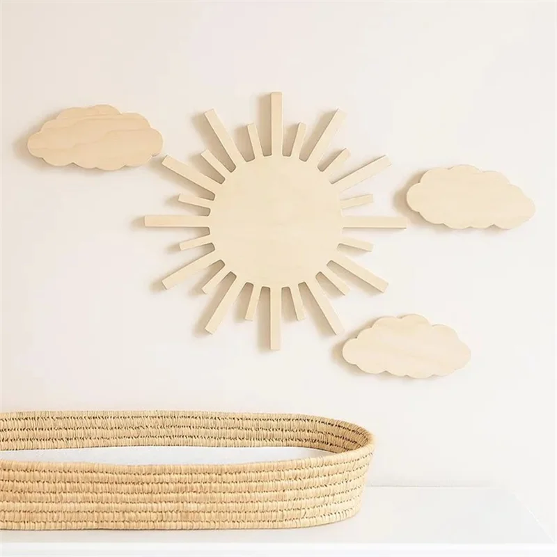4Pcs Scandinavian Style Wooden Sun and Cloud Wall Decor Set Natural Wood Home Wall Art Decoration Neutral Bohemian Boys and Girls Room Decor Wall Decoration Sun