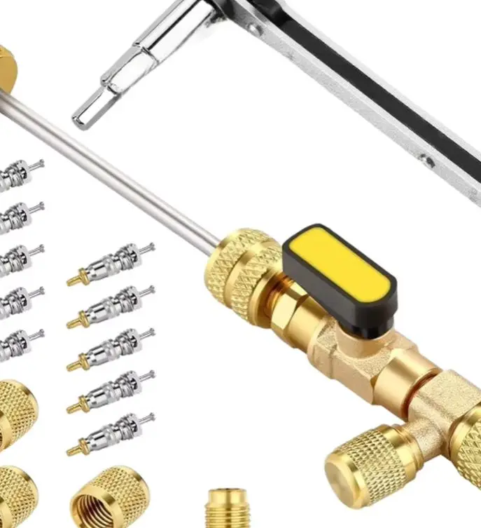 Air Conditioning Valve Core Removal Tool Brass Wrench For 1/4 And 5/16 Inch AC Repair With 20 Cores Kit