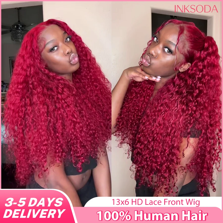 

Deep Wave 13x4 HD Transparent Front Wig Colored 99j Burgundy Curly 13x6 Lace Frontal Human Hair Wigs Preplucked For Women 220%