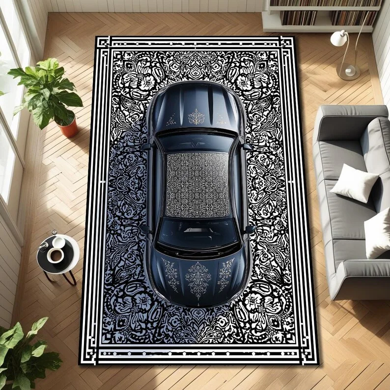

Modern Sports Car Rug for Living Room Black and White 3D Optical Illusion Floor Carpet Cool Auto Design Contemporary Area Rug